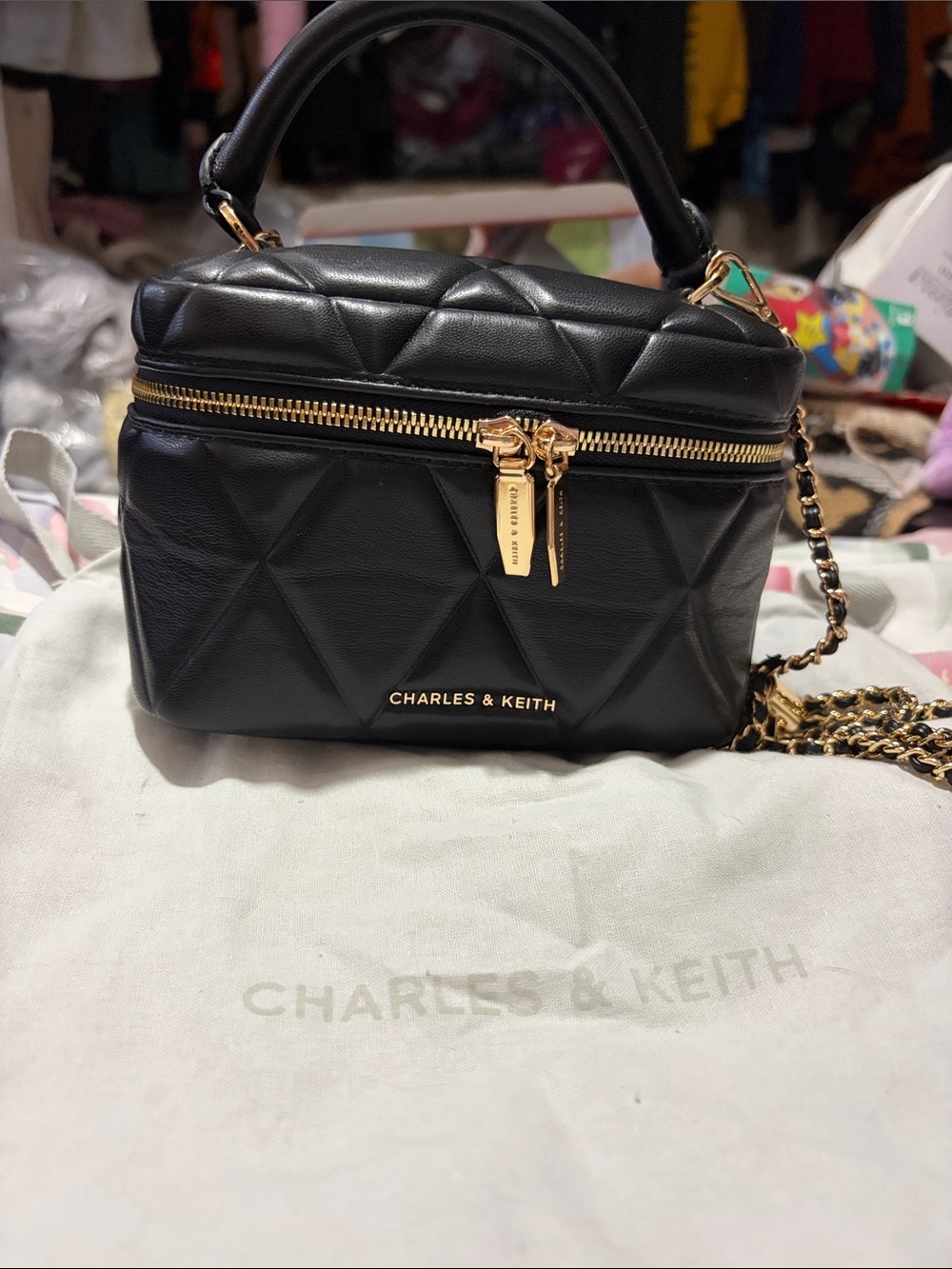Charles & Keith Black Quilted Box Crossbody with Gold Hardware